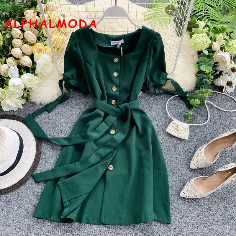 

ALPHALMODA Square Collar Shortdre-sleeved Dress French Retro Single Breasted Sashes Tie Waist Ladies Graceful Summer Vestidos