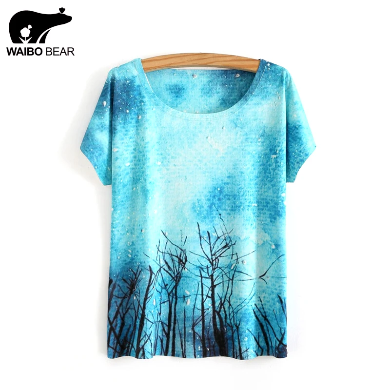 

Hot Korean Women 2017 Blue Print T-Shirts Casual Round Neck Short Sleeve Tee Tops Funny Graphic Basic Shirts WAIBO BEAR