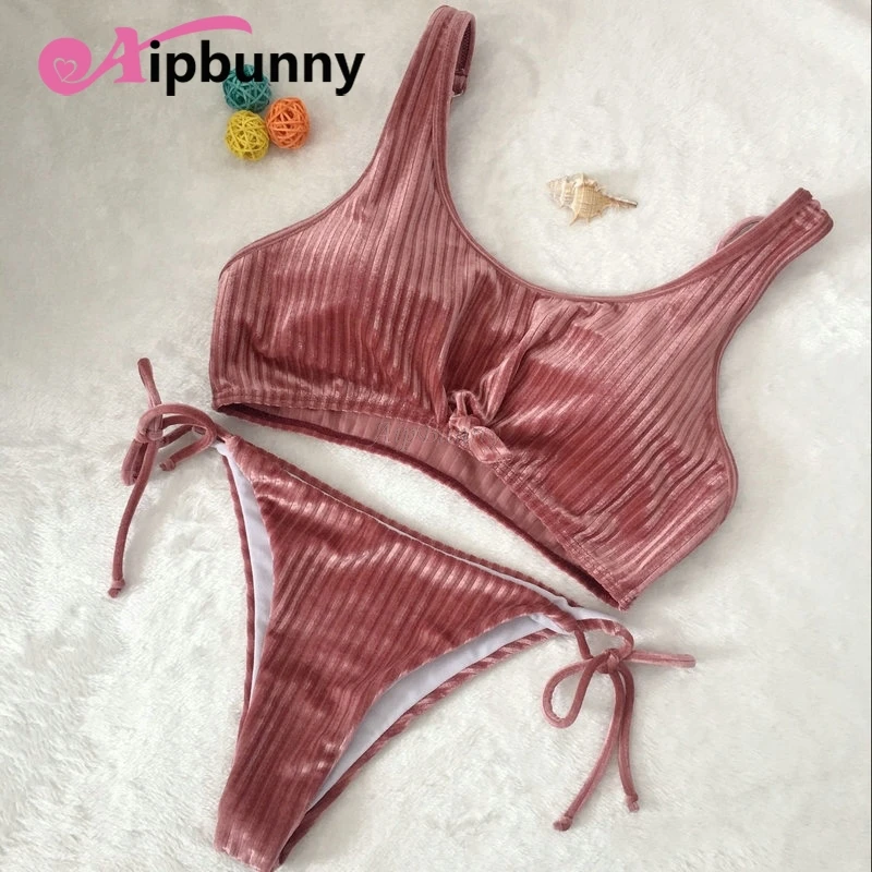 

Aipbunny Strappy Triangle Velvet Swimwear Mujer Big Girl Maio Women Bikini Set Sexy Bath Beach Biquini Brazilian Swimsuit 2019