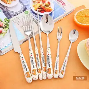В Горошек Rilakkuma/KT/Doraemon керамическая ручка из нержавеющей стали Ложка Вилка набор палочек для еды креативный мультяшный столовый сервиз - изображение
