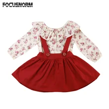 Детские Обувь для девочек с цветочным принтом одежда с длинным рукавом Блузка Топ+ пачка Подтяжки для женщин платье 2 шт. комплект осенней одежды