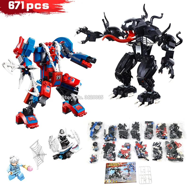 

Spiderman Mechanical Marvel Building Blocks Venom Miracle Alliance End Suit Figures Weapons Toys For Children Gift Legoinglys