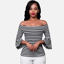 Off Shoulder Slash Neck Flared Striped Women's Shirts Long Sleeve Female Sexy Blouses 2019 Spring Summer Feminine Camisas Tops