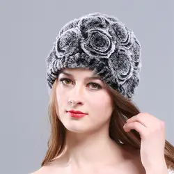 Модная одежда для девочек меховой Кепки женские зимние натуральный мех шапка шарф элегантный Для женщин цветок кролика Шапки