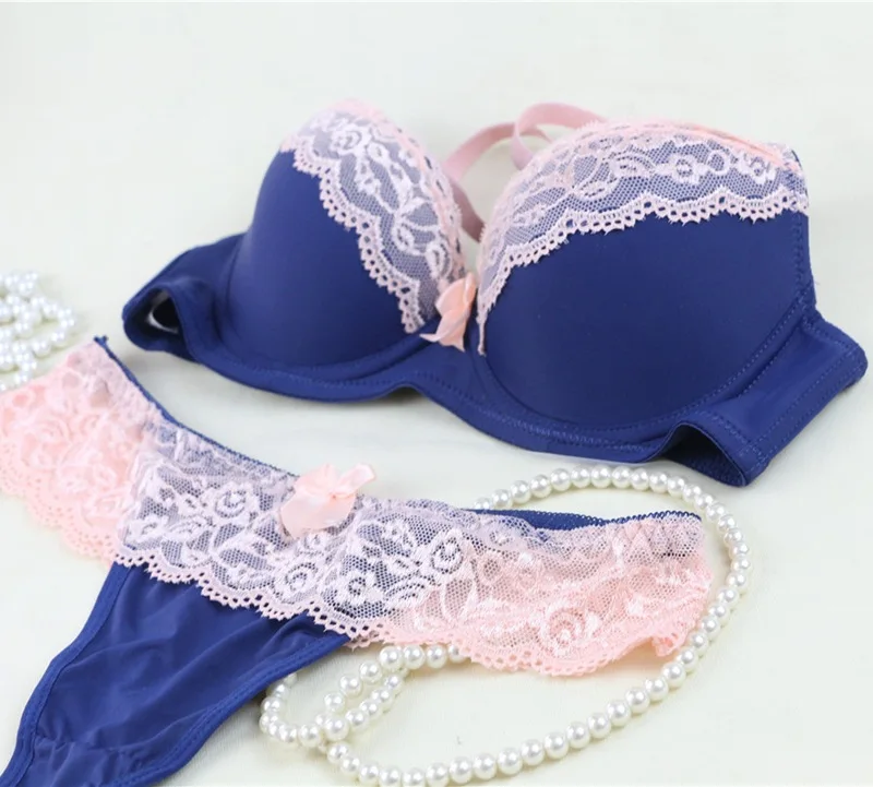 European fashion deep blue sexy lace bra set elegant secret soft A B cup bras for women bralette
