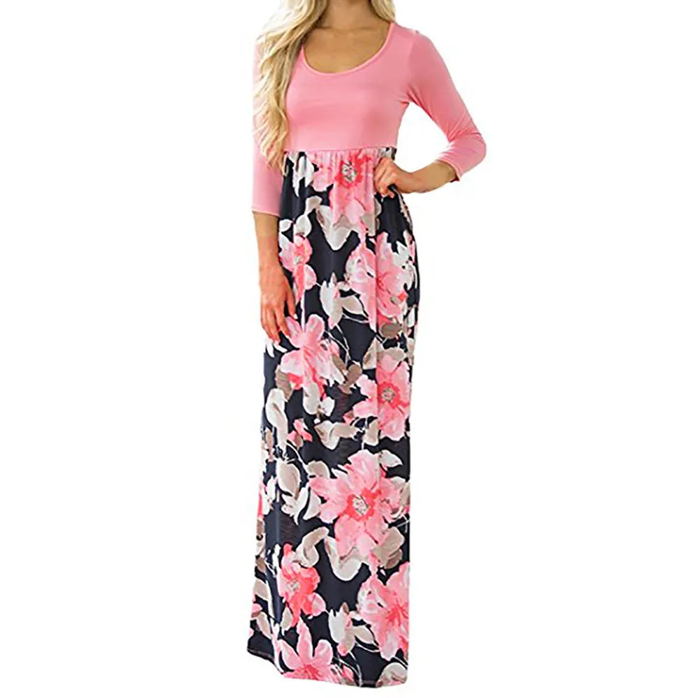 

JAYCOSIN Women's Floral Print Three Quarter Sleeve Casual Tunic Long Boho Maxi Dress O-Neck A-Line Polyester Summer Dress June 6