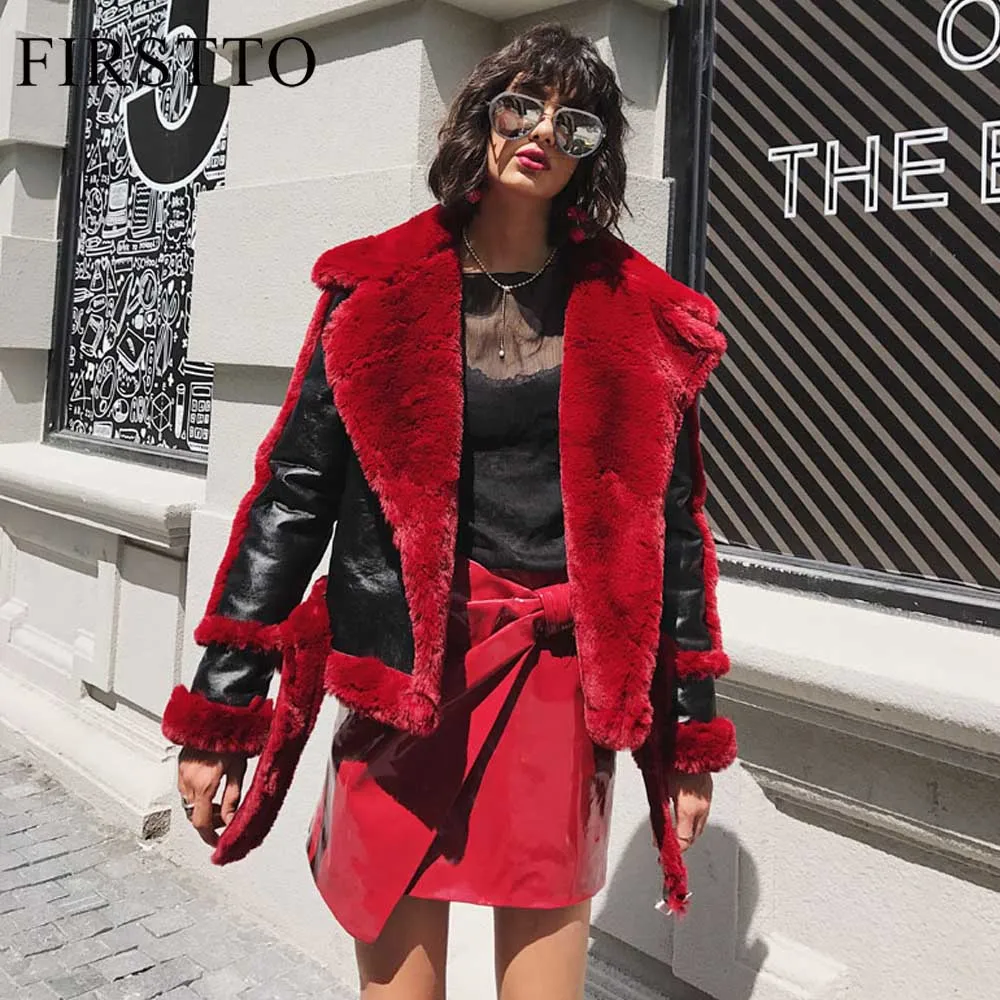 

FIRSTTO Fashion Red Large Lapel Fuax Fur Lined Spliced Faux Leather Jacket Stylish Woman Long Sleeve Warm Coat Outerwear Tops