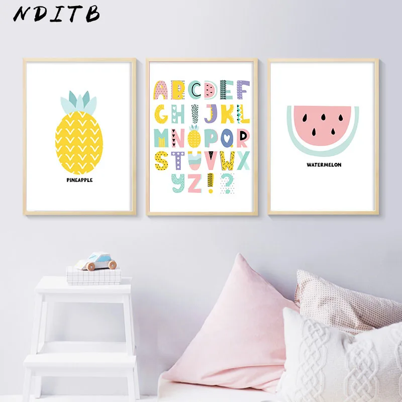 

A to Z Alphabet Canvas Posters Cartoon Fruit Nurser Print Wall Art Painting Nordic Kids Decoration Pictures Baby Bedroom Decor