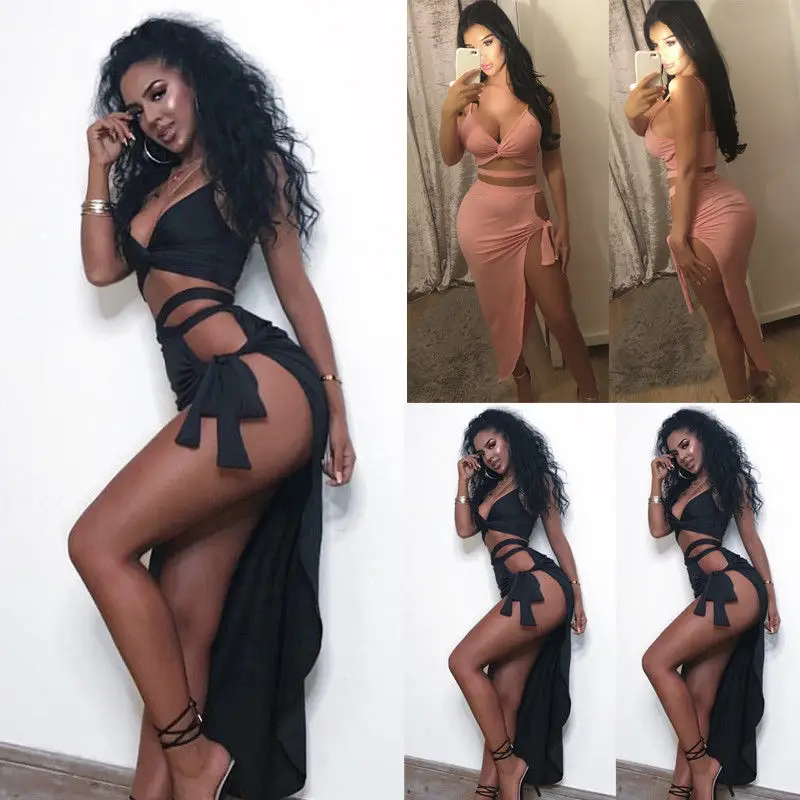 

2018 Sexy Women's Evening Party Clubwear Bodycon Skinny Sashes Pure Color Two piece High Split Dress +Crop Tops Dress Set