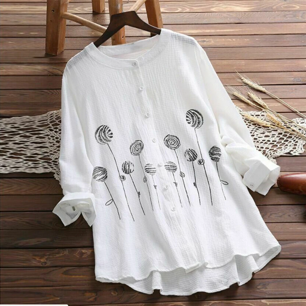 

Plus Size Casual Women Loose Blouses Summer Printed Cotton Linen Tops Vintage Long Sleeve Ladies Office Shirts Tunic Blusas 5XL