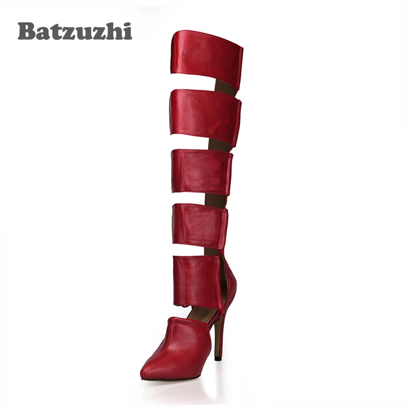 

Batzuzhi Red Sexy Women Motorcycle Boots 6 inches 12CM High Heels Long Knee-high Boots Women Sandal Boots Shoes, Size 43