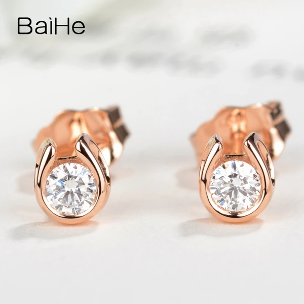 BAIHE Solid 14 К желтого золота 0.16CT H/SI круглая 100% из натуральной бриллиантами Обручение Мода Fine Jewelry Элегантный серьги-гвоздики