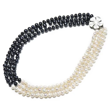 

The 7-8 mm 3 rows Natural Chain Type Necklace Having Three article Dark black beads Mixed with Three article White beads