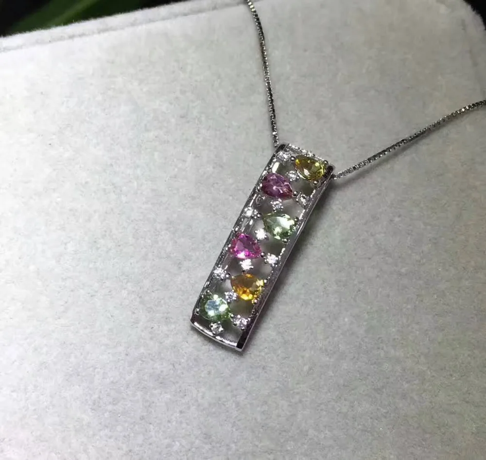  Naturel multicolore tourmaline pendentif naturel pierre gemme pendentif collier 925 argent mode rec