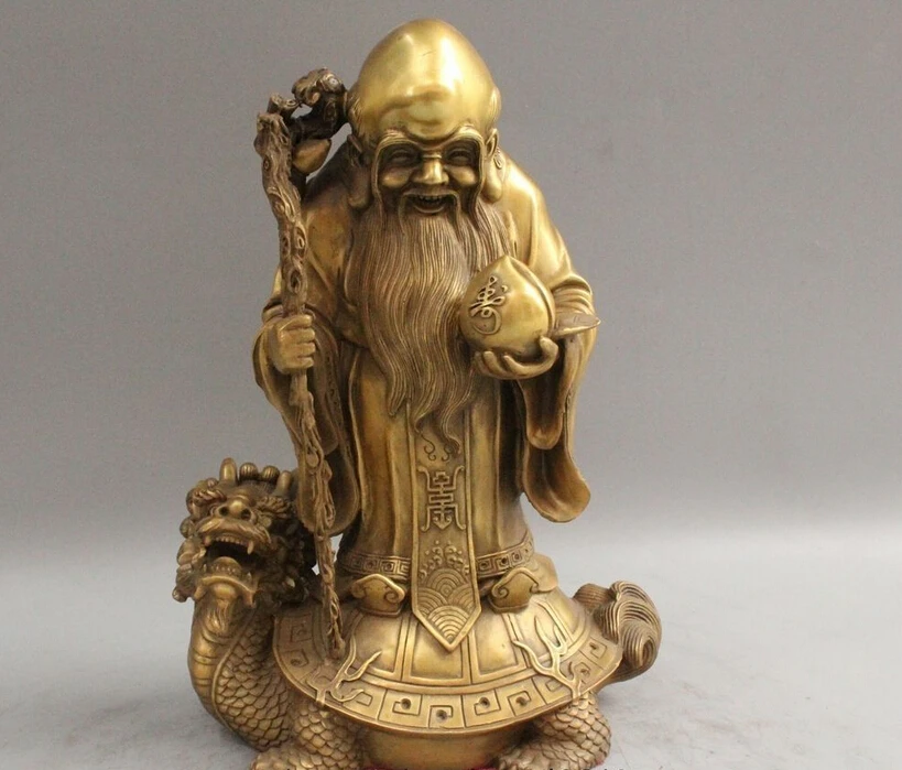 

10" China Brass Longevity Star Hand Peach Ride Dragon tortoise Turtle Statue