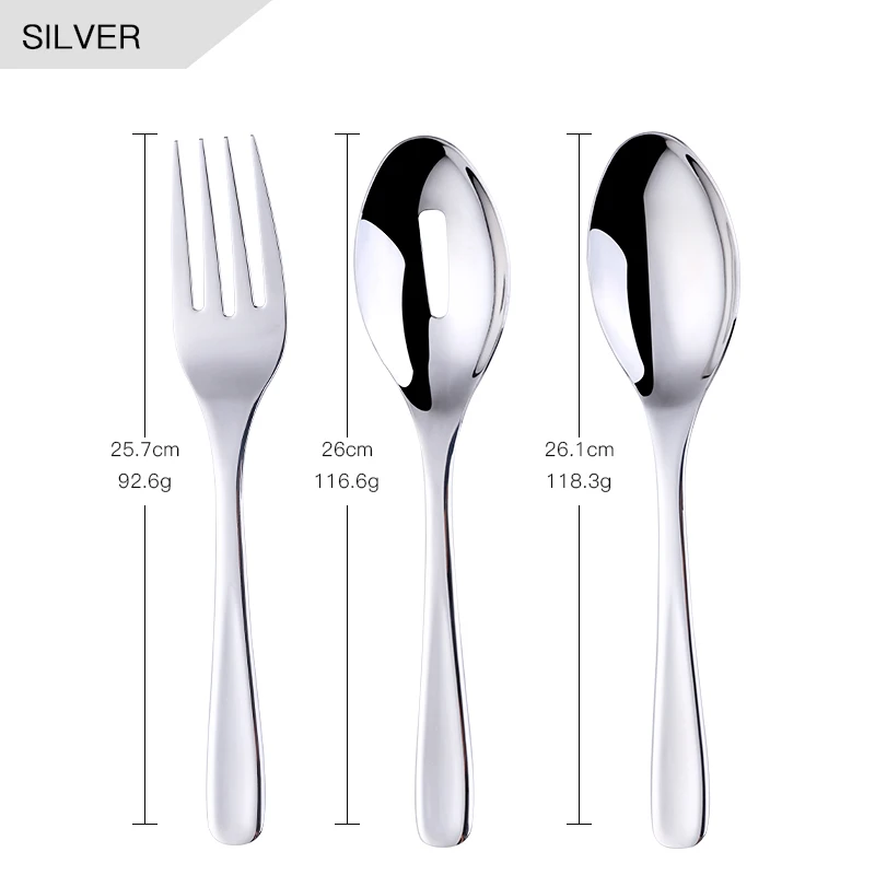 Набор из 3 предметов для салата из нержавеющей стали, сервировочная ложка, вилка, дуршлаг, Золотая кухонная посуда, черная посуда, вечерние, ресторанный инструмент - Цвет: Silver