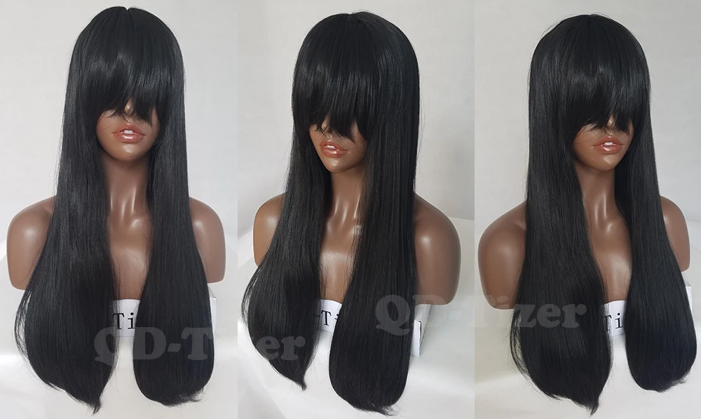 QD-Tizer Long Black Color Straight Hair Synthetic Lace Wig Glueless with Bangs No Lace Wig for Black Women Silk Top4