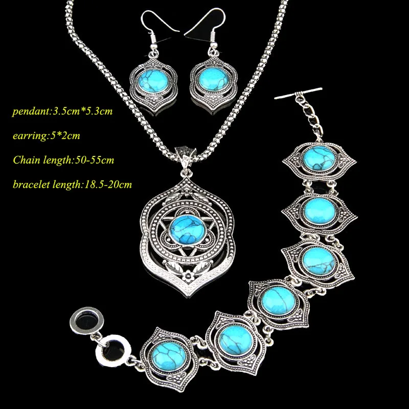 New Style Antique Silver Blue Turquoise Natural Necklace Earrings Bracelet Vintage Stone Jewelry Set For Women Gift A-2105 | Украшения и