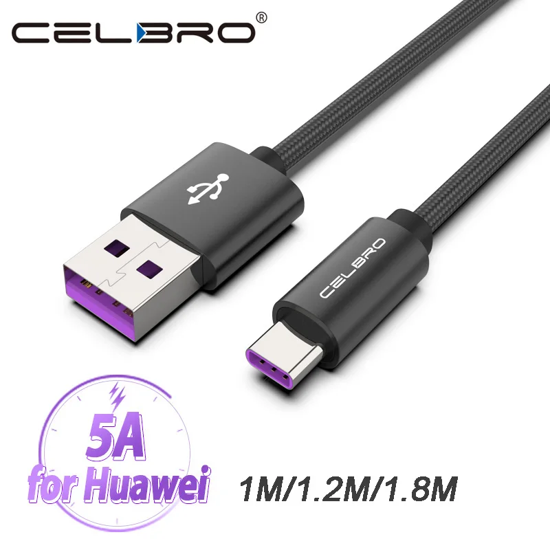 

5A USB C Charger Cable 1/1.2/1.8 Meter Usb-C For Huawei P30 Honor 20 V10 V9 Mate 10 9 20 Pro RS Supercharge Type-C Charging Wire