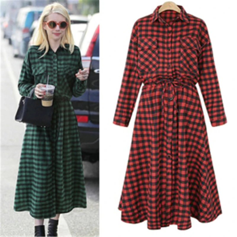 

Plaid Women Shirt Dress Vintage Button Bandage Dress Turn Down Collar Long Sleeve vestidos plus size Dress Women Clothes