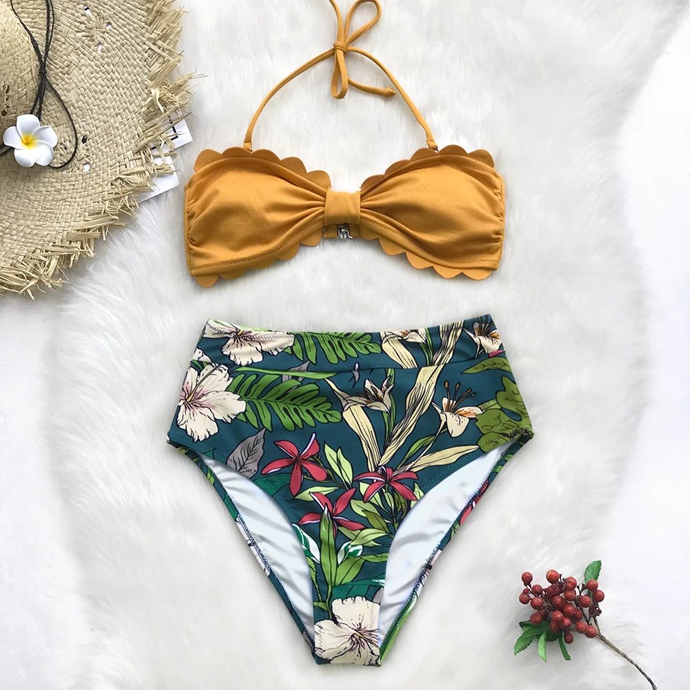 CUPSHE Yellow And Floral Tropical Print High-Waisted Bikini Sets 2020 Women Heart Neck Halter Two Pieces Swimsuits