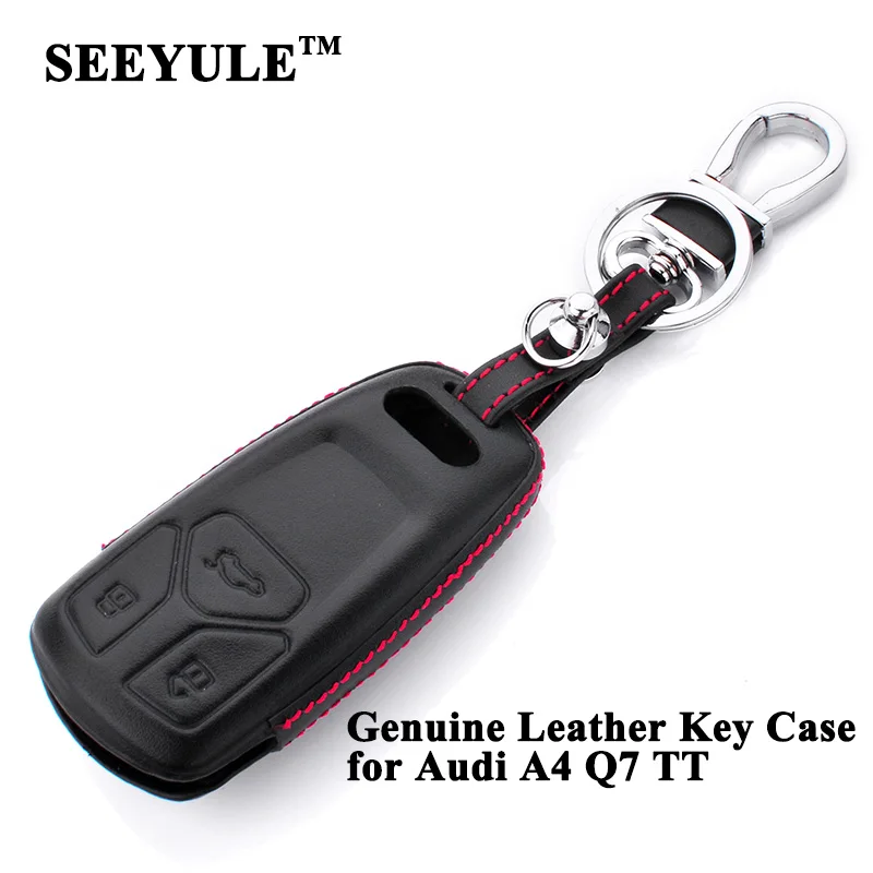 

1pc SEEYULE Genuine Leather Car Key Case Top Grade Key Shell Cover Storage Bag Protector Organizer Black for for Audi A4 Q7 TT