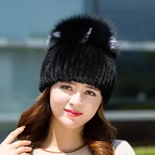 Популярная стильная женская шапка из меха норки для женщин, зимняя теплая шапка, вертикальная вязаная норка с пушистой серебристой лисой, часть меньше на верхней шапке