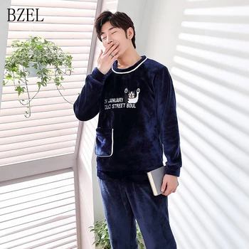 

BZEL Men Pajama Sets Flannel Cartoon O-neck Sleepwear Man Home Clothes Plus Size L-3XL Warm Caroset Male Underwear Sleep Lounge