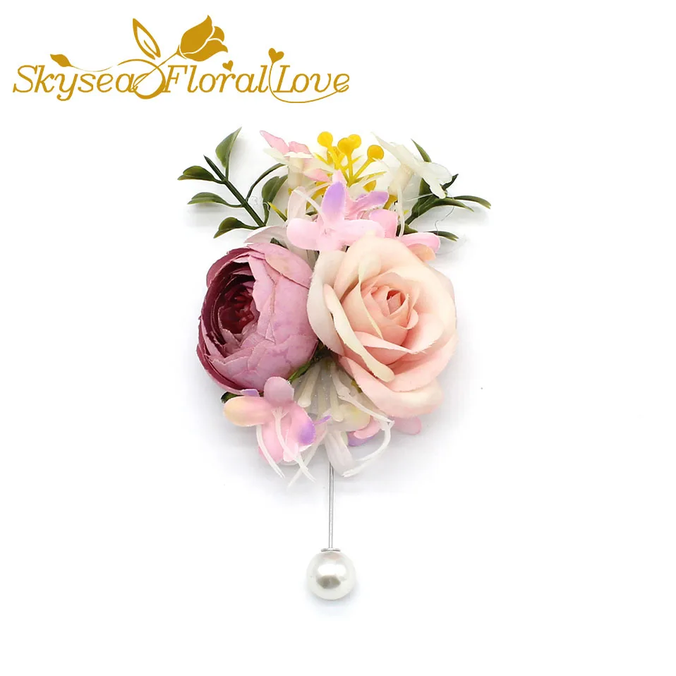 Качественные Свадебные корсажи и бутоньерки шелковые розы бутоньерки на выпускной Длинная лента искусственные цветы на запястье - Цвет: pink boutonniere