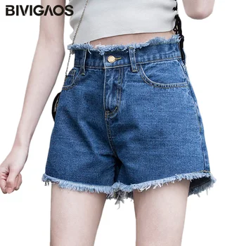 

BIVIGAOS Summer New Denim Shorts Women Korean Casual Slimming Short Jeans Burrs Tassel A-line High Waist Wide Leg Jeans Shorts