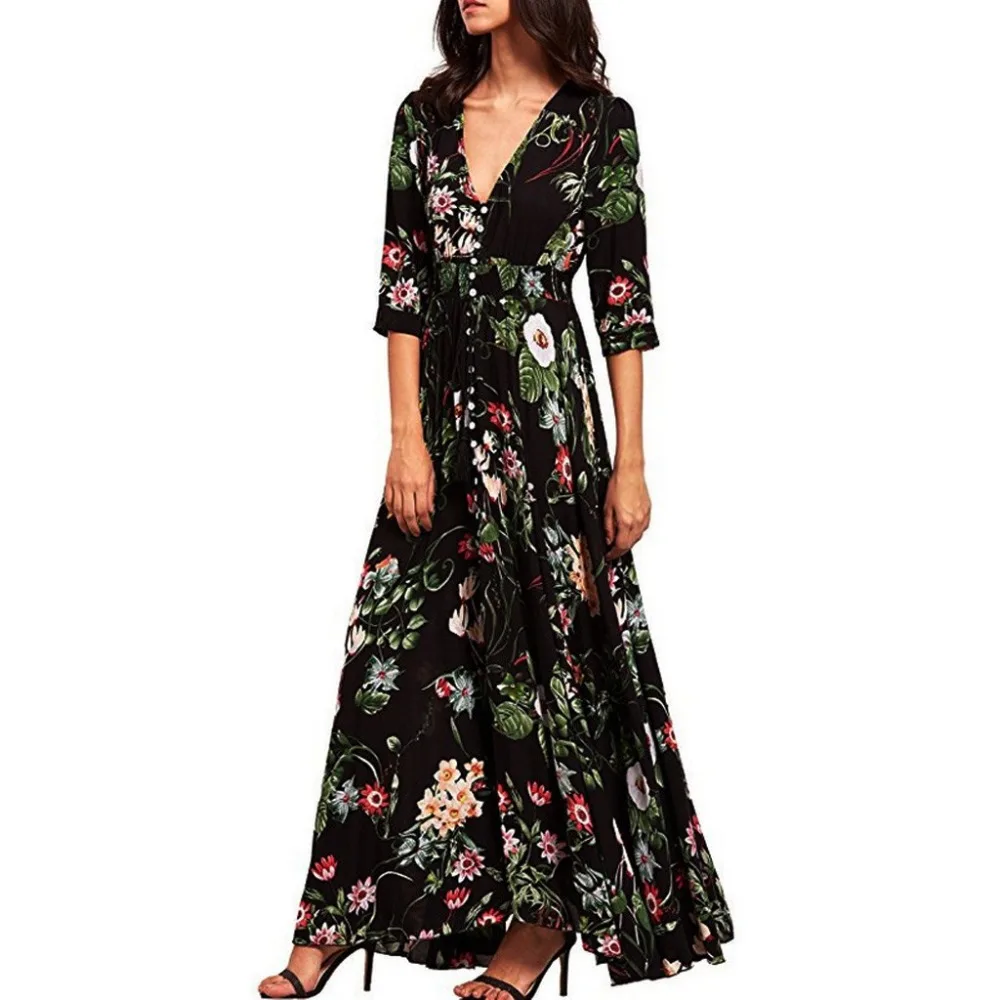 

Dresses Women's Floral Printed Button Up Half Sleeve Split Flowy Party Long Dress plus size dresses for women 2xl zomer jurk 15#
