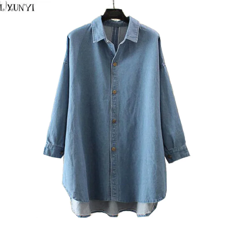 LXUNYI Ladies Denim  Shirt  Long  Sleeve  Loose Asymmetric 