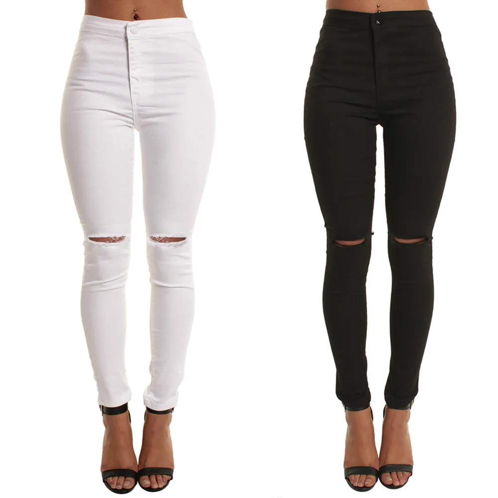 

High Waist Casual Skinny Jeans For Women Hole Vintage Girls Slim Knee Ripped Denim Pencil Pants Elasticity White Black