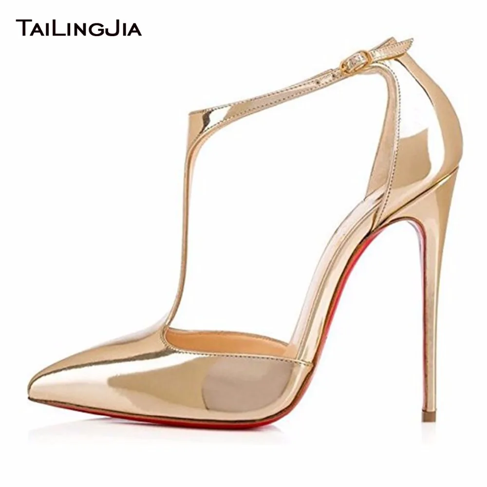 Gold Shiny Patent Leather Woman Pumps High Heel Red Sole Poited Toe Ladies Sexy Party Wedding Dress Shoes Women Pumps Wholesale