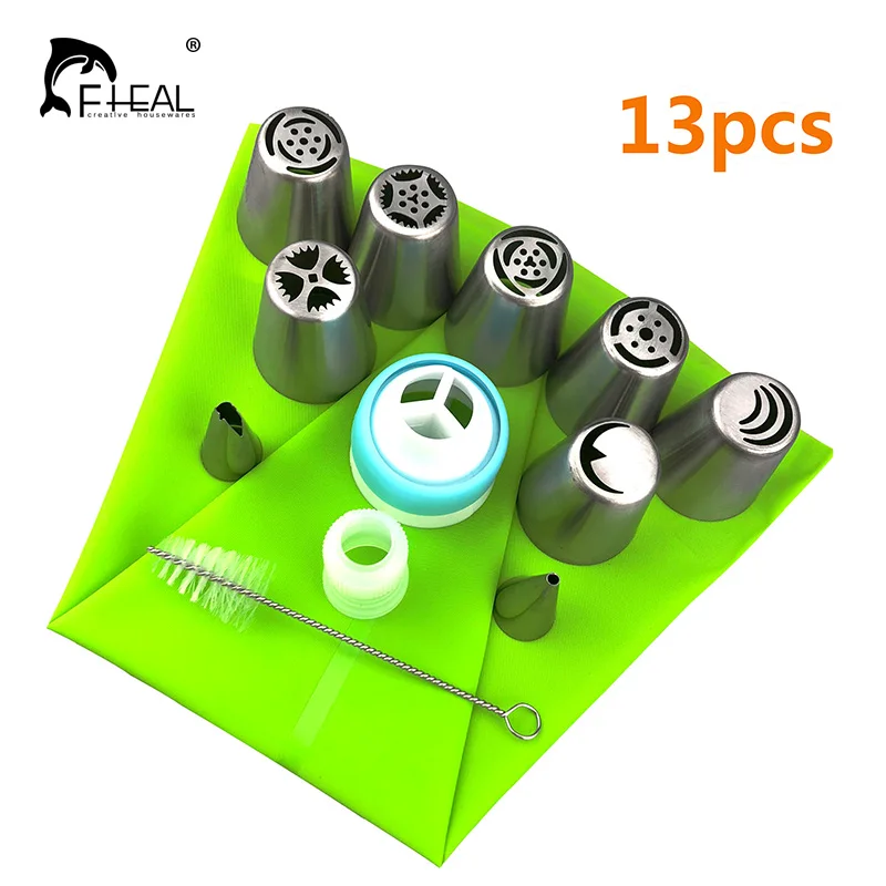 

FHEAL 13pcs Russian Nozzles Pastry Icing Bag & Coupler Icing Piping Tips Sets Stainless Steel Cream Bakeware Cupcake Cake Tools