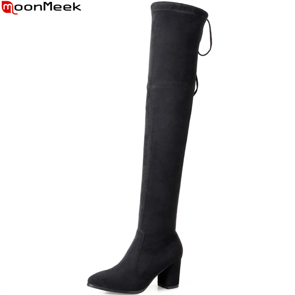 

MoonMeek 2018 fashion new arrive women boots pointed toe ladies boots flock square heel cross tie over the knee boots