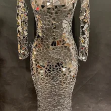 Женское сексуальное длинное платье из чистой пряжи с серебряными сверкающими зеркалами, вечерние костюмы для ночного клуба, одежда для сцены, костюмы для танцовщицы, певицы, диджея, DS платье