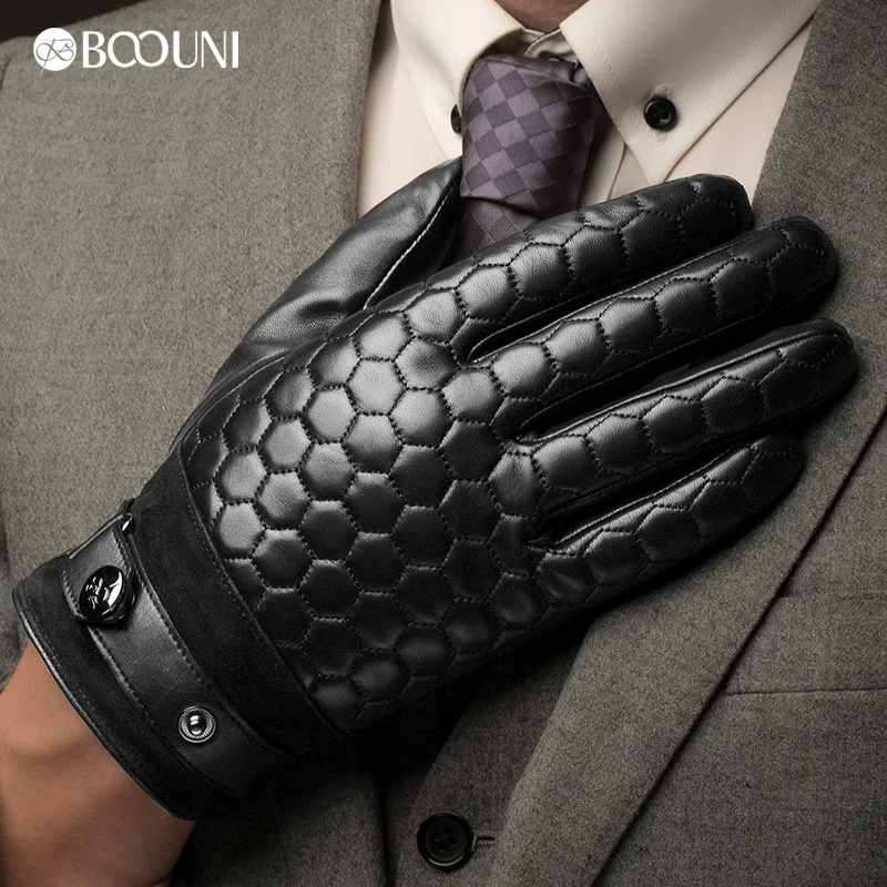 US $30.41 Genuine Leather Men Gloves Fashion Plaid Black Business Sheepskin Driving Glove Winter Thicken Warm Five Finger Nm764