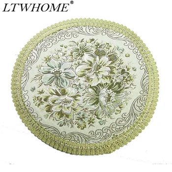 

LTWHOME Green Flower Embroidered Cutwork 12" Doily Satin Fabric Round Table Placemat,Coaster