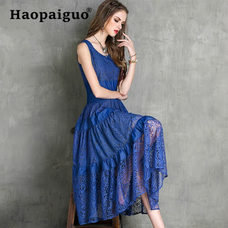 

2019 Summer Midi Bue Lace Dress Women Big Swing Sleeveless Tank Casual Dress Women Solid Vintage Long Party Dress Women vestidos