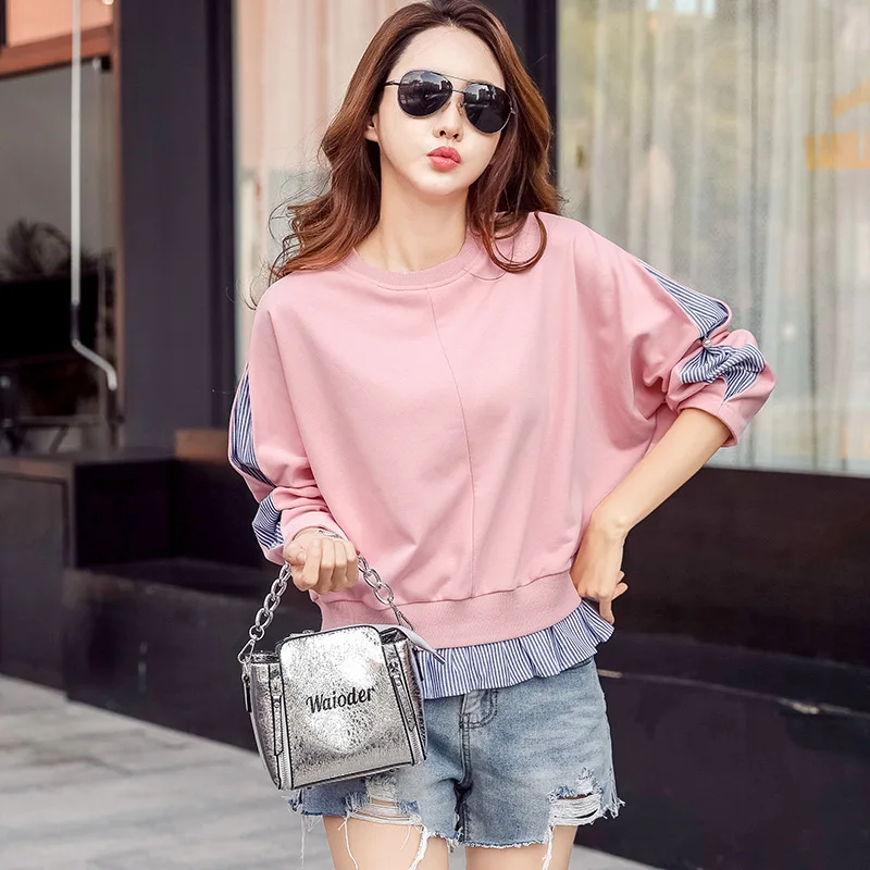 2019 Autumn Sweatshirt Women Shirt Fake Two Pieces Batwing