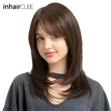 Esin Side Part Synthetic Front Lace Wigs with Bangs Dark Brown Natural Wave Heat Resistant Wig for Women Adjustable Straps Esin Side Part Synthetic Front Lace Wigs with Bangs Dark Brown Natural Wave Heat Resistant Wig for Women Adjustable Straps