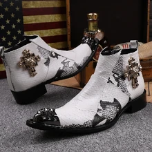 Западный Dersert человек мотоботы белая змея гравюр кожа ретро Украшенные Повседневное взлетно-посадочной полосы модные рыцарские сапоги Sapatos