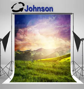 

grass Fairty tale Landscape Mountains Sunset Fantastic Sky background Vinyl cloth High quality Computer print wall backdrop