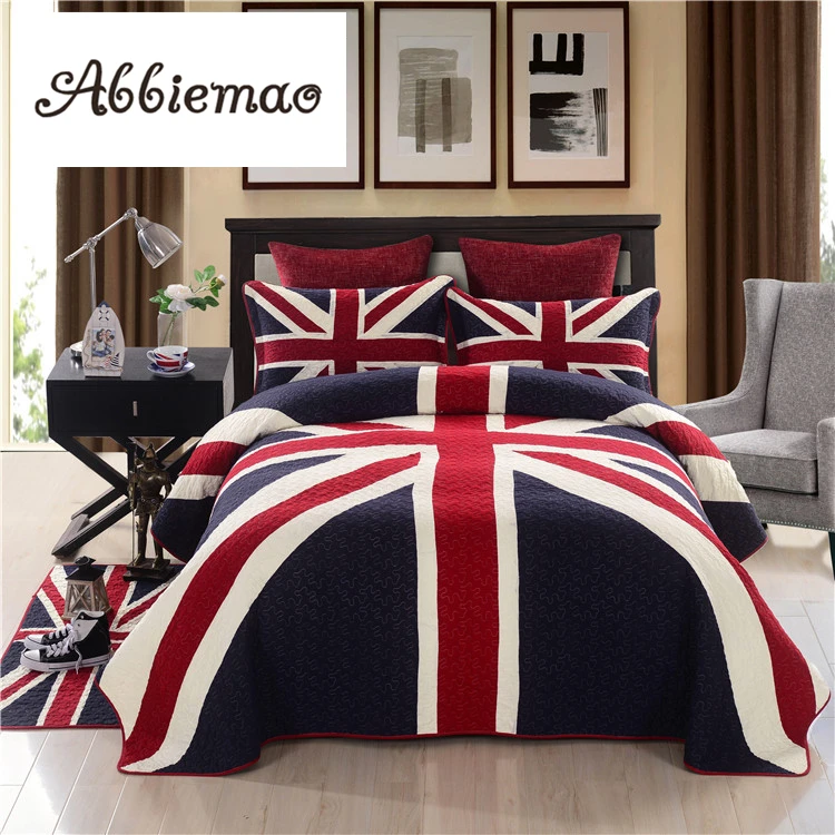 

Abbiemao European Style England Flag Printing Three Pieces Bedding Set Cotton Quilted Blanket Bedspread Bed Cover Floor Mat Suit