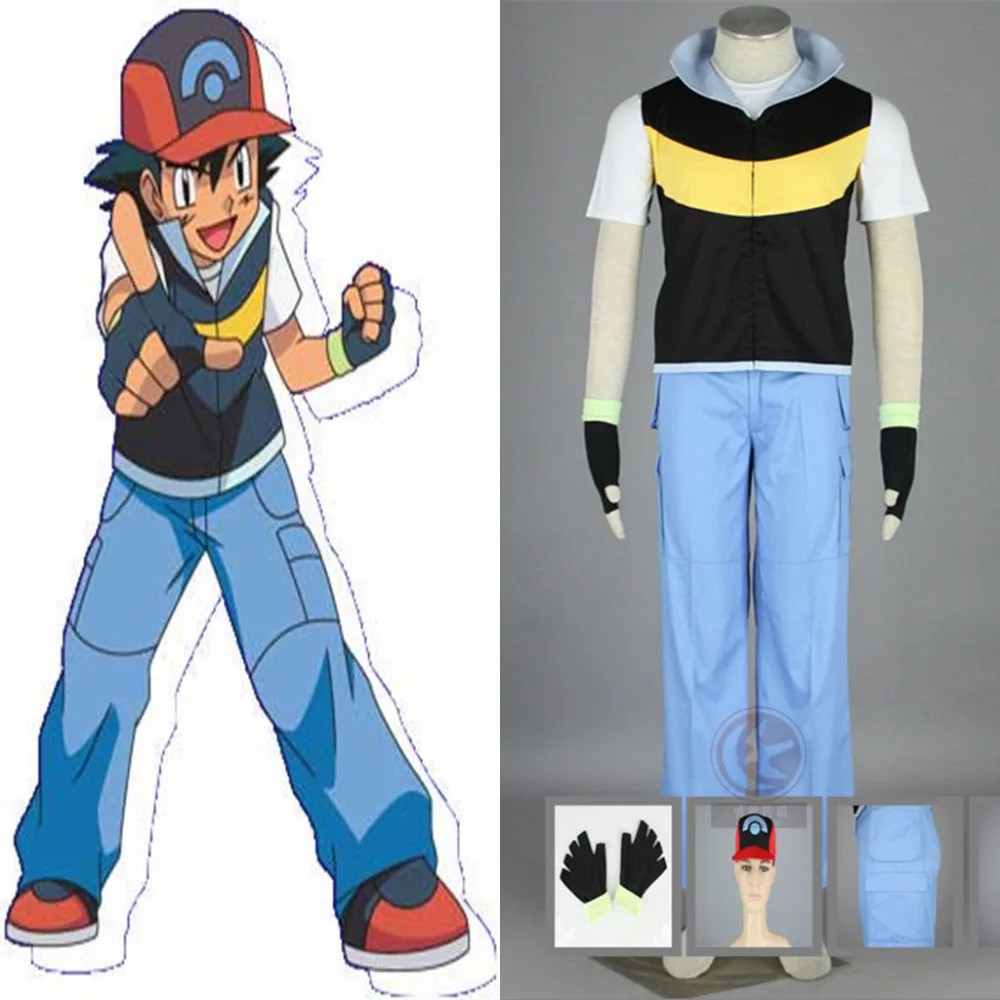 Anime Pokemon Ash Ketchum Trainer Cosplay Costume coat+t shirt+pants+hat+gl...