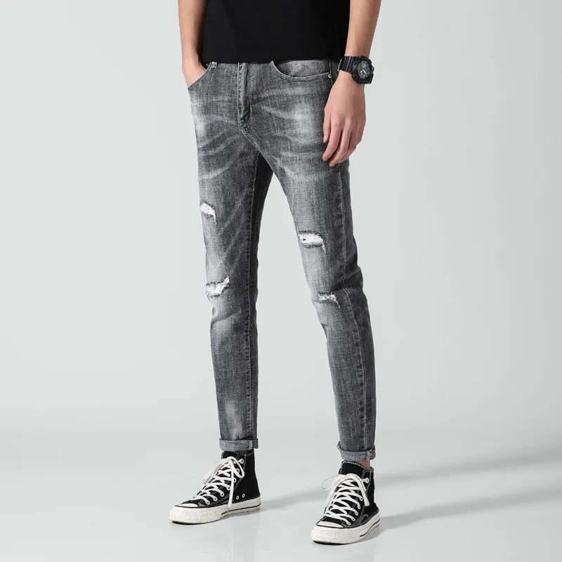 

EVES 2019 Hip Hop Pencil Jeans Design Jeans Men Gray Hole Slim Fit Ripped Stretch Denim Pants Elastic Mid-waist Trousers