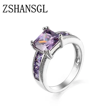 

Fashion Simple Design 925 sterling silver Rings For Women Jewelry Square Bridal Wedding Engagement Ring purple pink CZ jewelry