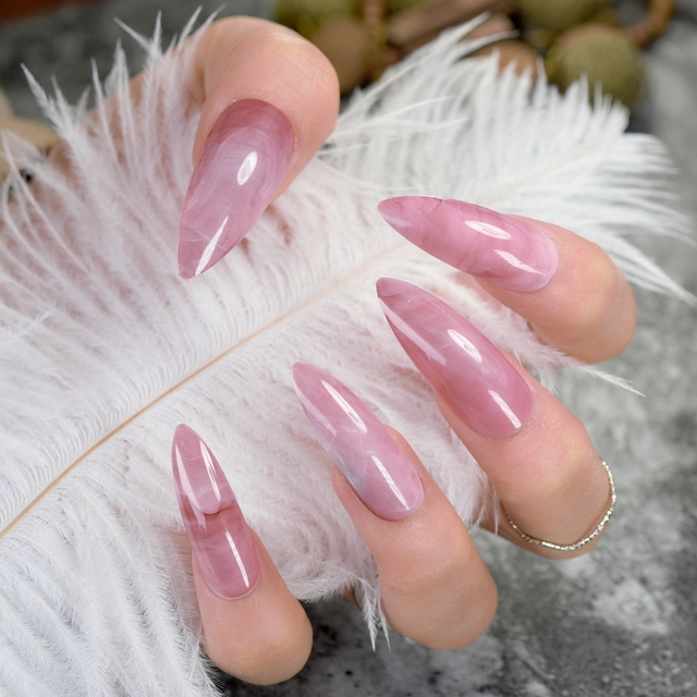 Long STILETTO False Nails Pre-designed Curved Pink Marble Press On Nails including glue sticker