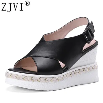 

ZJVI women 2019 summer platform sandals womens genuine leather sandalias woman sexy flats sandal ankle strap wedges heels shoes